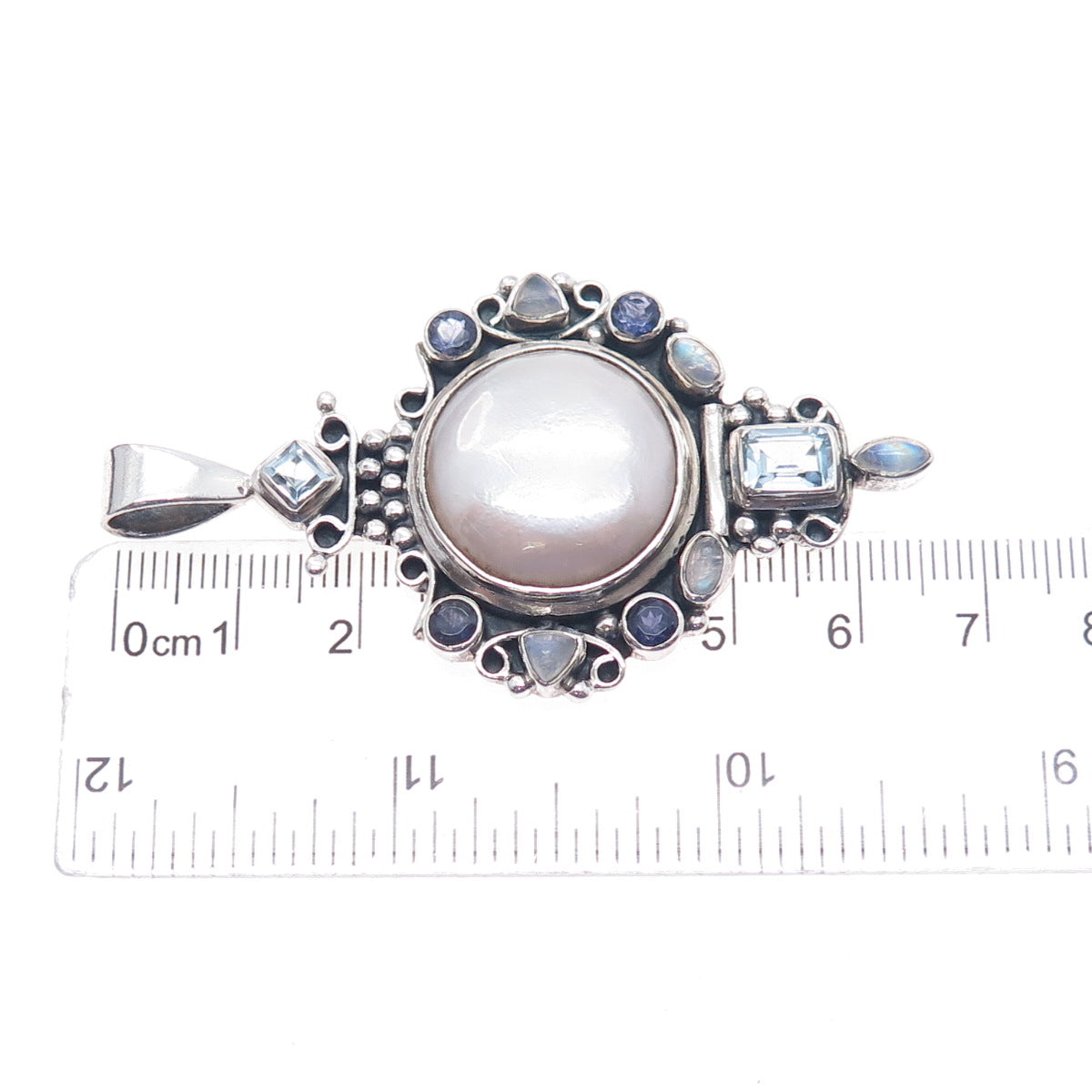 925 Sterling Silver Vintage Real Pearl Moonstone Iolite & Blue Topaz Pendant