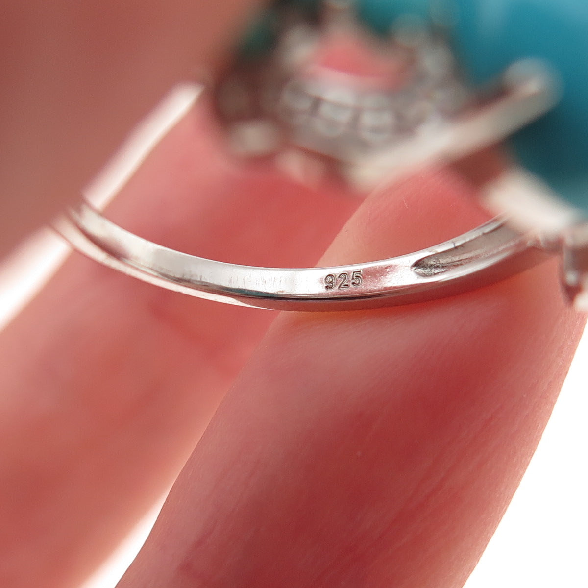 925 Sterling Silver Real Sleeping Beauty Turquoise & White Topaz Ring Size 8