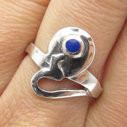 925 Sterling Silver Vintage Real Lapis Modernist Hammered Heart Ring Size 7.75
