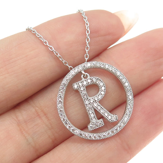 925 Sterling Silver Pave C Z Letter "R" Initial Rolo Chain Necklace 18"