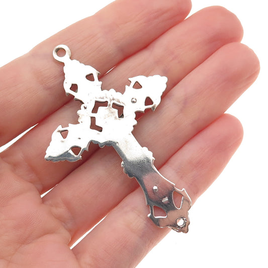 925 Sterling Silver Antique Art Deco Crucifix Cross Religious Oxidized Pendant