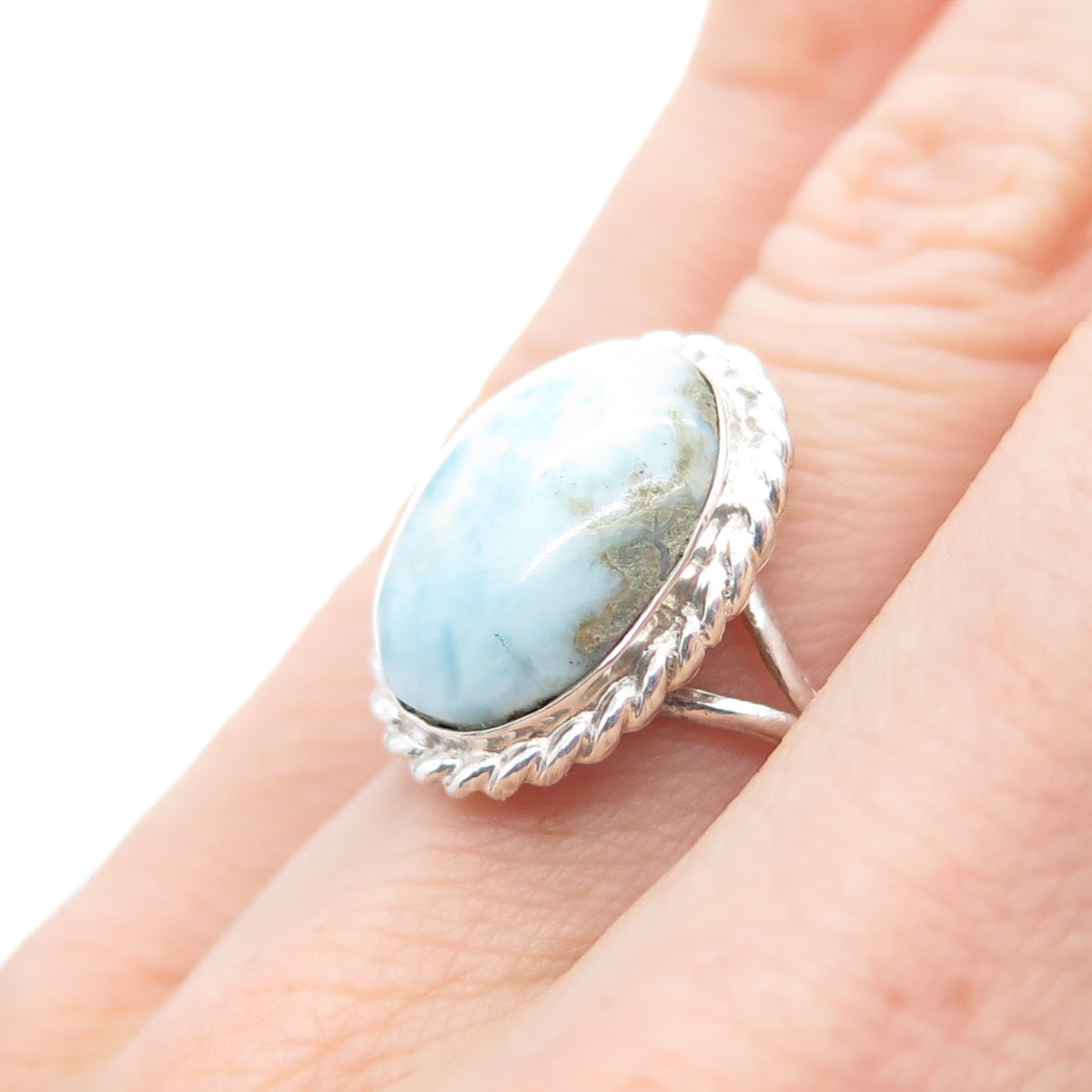 925 Sterling Silver Vintage Real Cabochon Larimar Ring Size 6.5