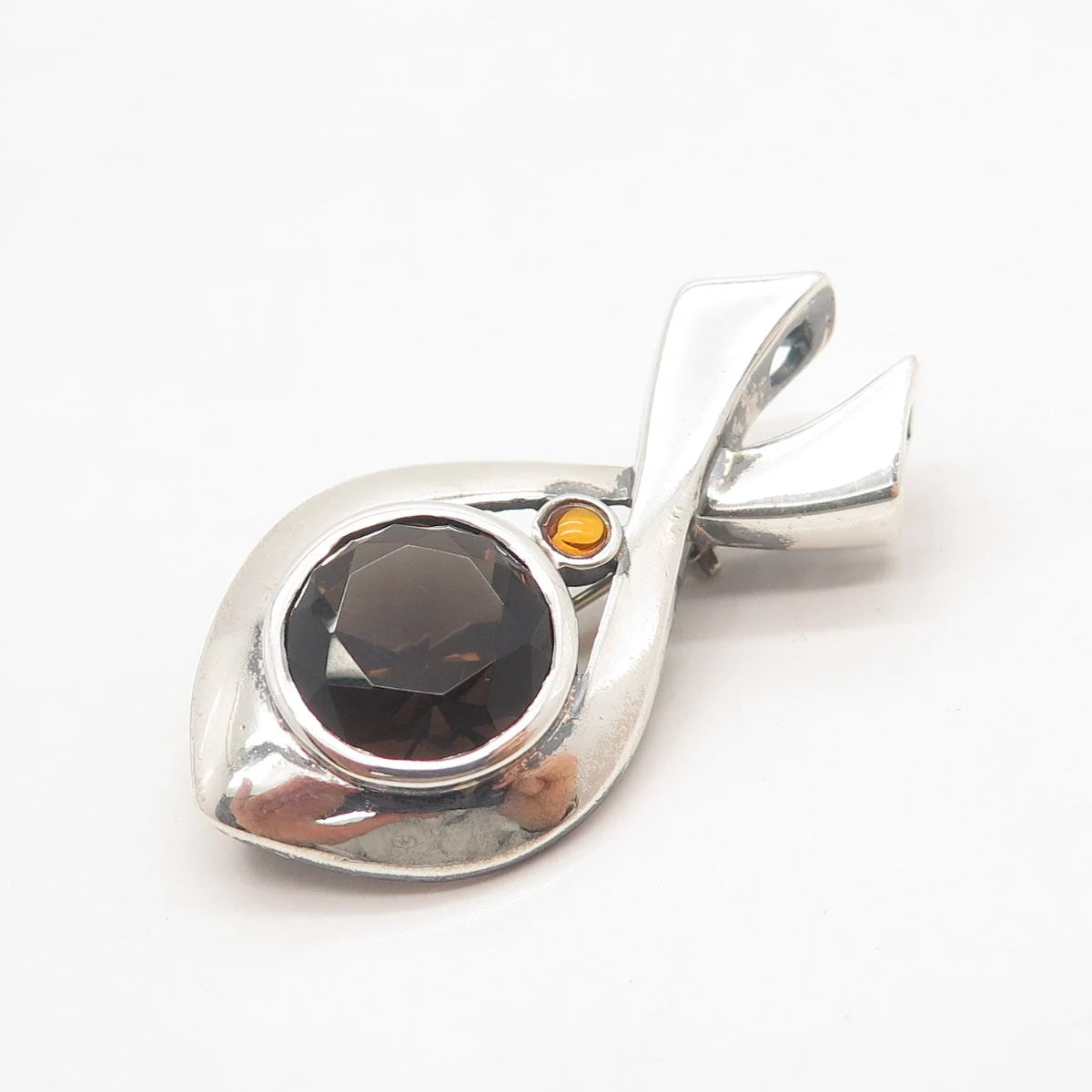 925 Sterling Silver Vintage BOMA Real Smoky Quartz & Citrine Gem Fish Pin Brooch