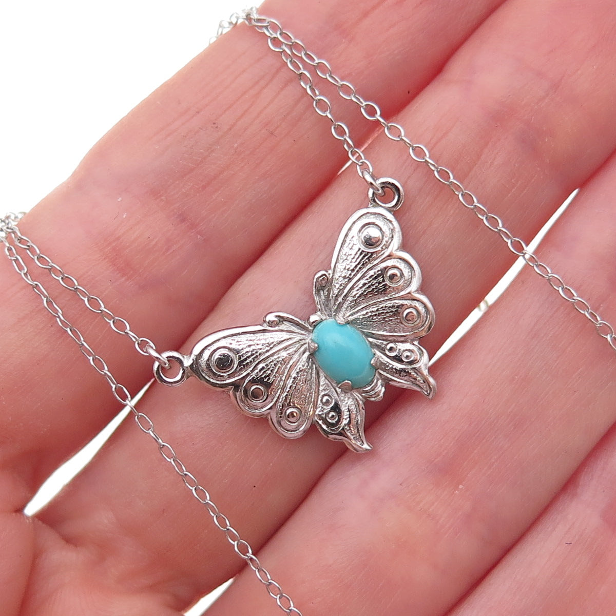 Tru-Kay 925 Sterling Silver Vintage Real Turquoise Butterfly Chain Necklace 16"