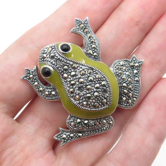 925 Sterling Silver Vintage Enamel Onyx Marcasite Frog Brooch (missing 3 stones)