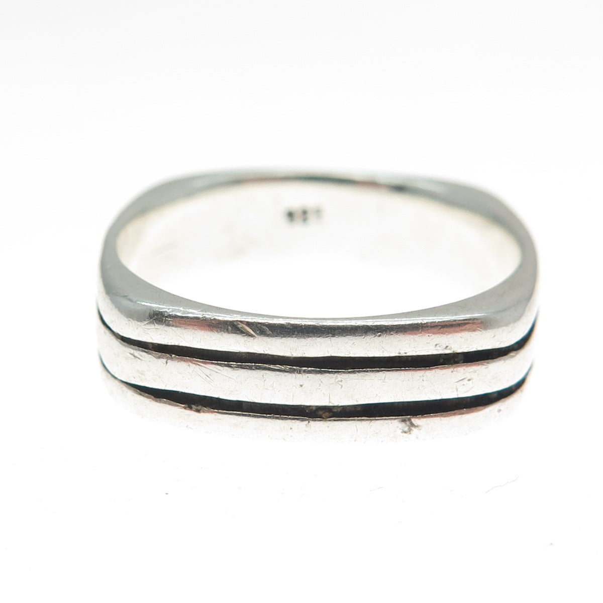 925 Sterling Silver Vintage Modernist Oxidized Lined Band Ring Size 9.25