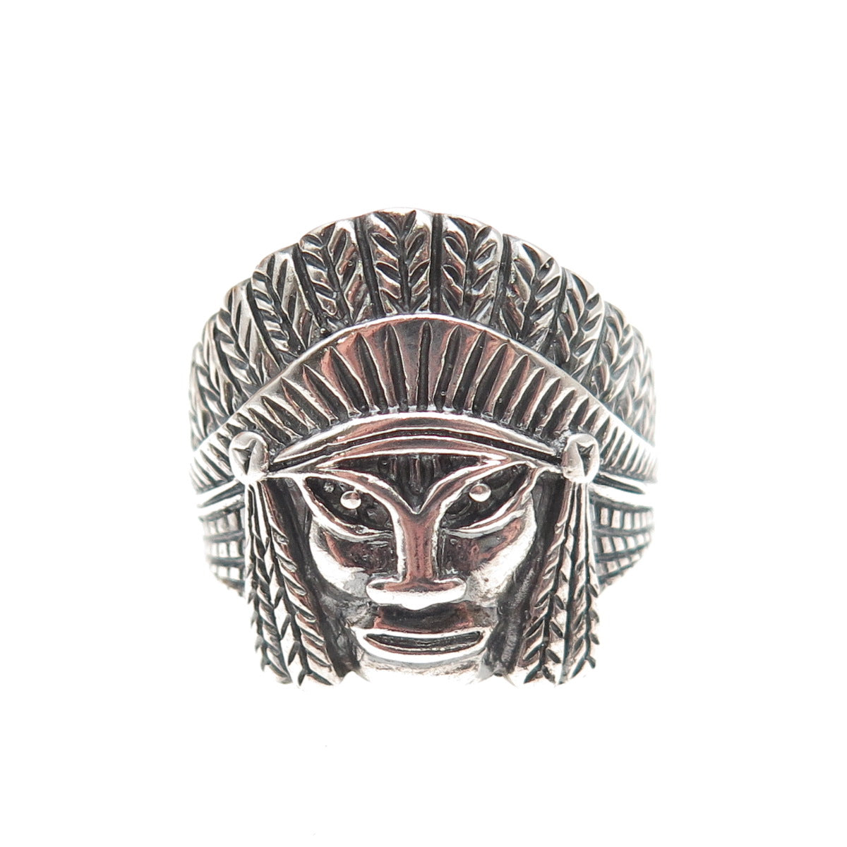 925 Sterling Silver Vintage Southwestern Indian Chief Oxidized Ring Size 8.75