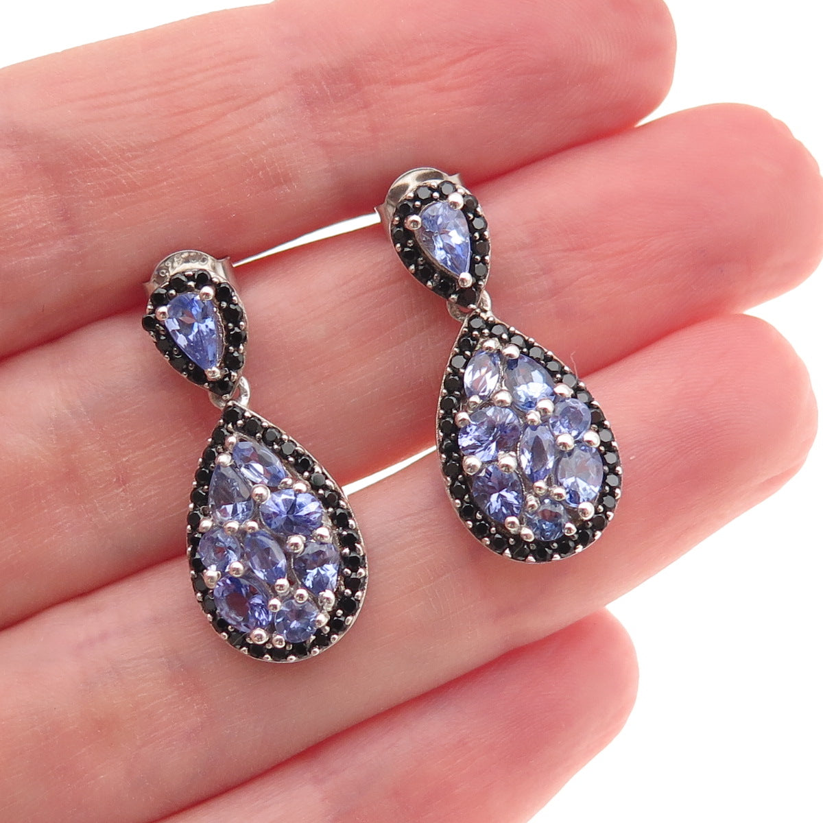 Chuck Clemency 925 Sterling Silver Real Tanzanite & Black Spinel Dangle Earrings