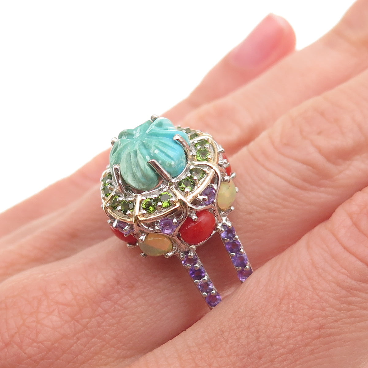 Chuck Clemency 925 Sterling Turquoise Coral Opal Amethyst Peridot Ring Size 8.5