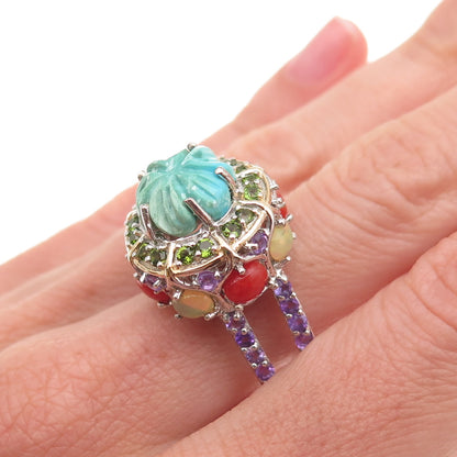 Chuck Clemency 925 Sterling Turquoise Coral Opal Amethyst Peridot Ring Size 8.5