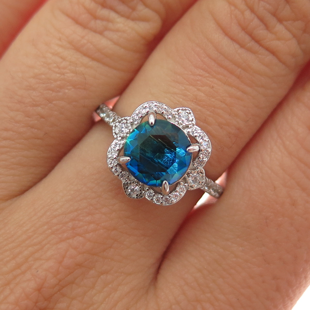 BOMB PARTY 925 Sterling Silver Real Doublet Mystic Quartz & C Z Ring Size 7.25
