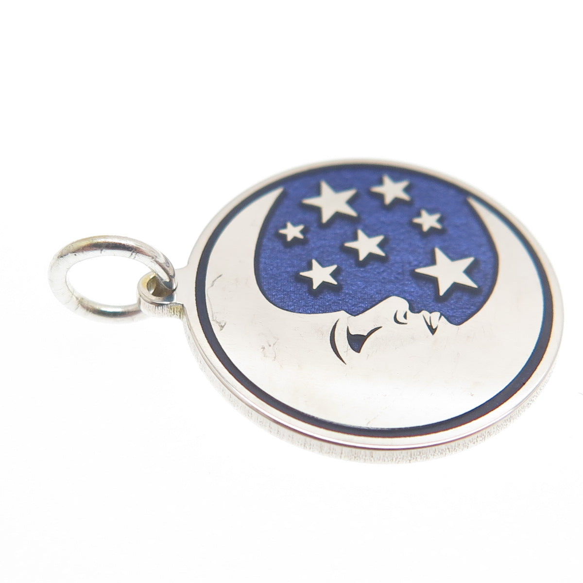 925 Sterling Silver Purple Enamel Crescent Round Tag Minimalist Charm Pendant