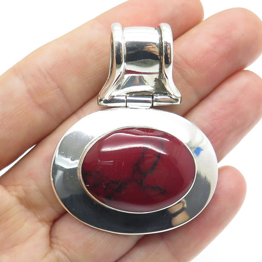 925 Sterling Silver Vintage Real Red Turquoise Modernist Pendant