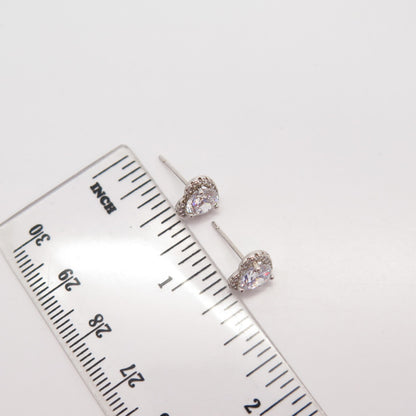 925 Sterling Silver Round-Cut C Z Heart Stud Earrings