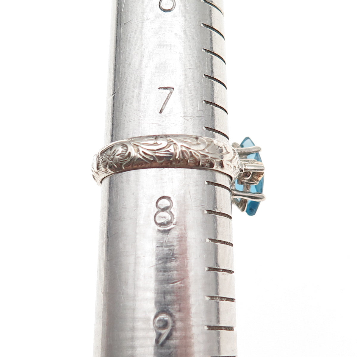 925 Sterling Silver 2-Tone Vintage Real Marquise-Cut Blue Topaz Ring Size 7.75