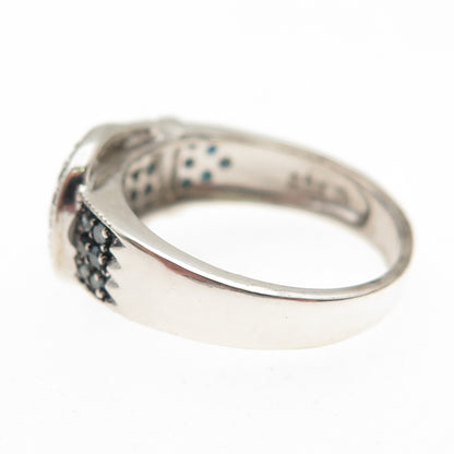 925 Sterling Silver Real Blue & White Diamond Belt Buckle Ring Size 6.25