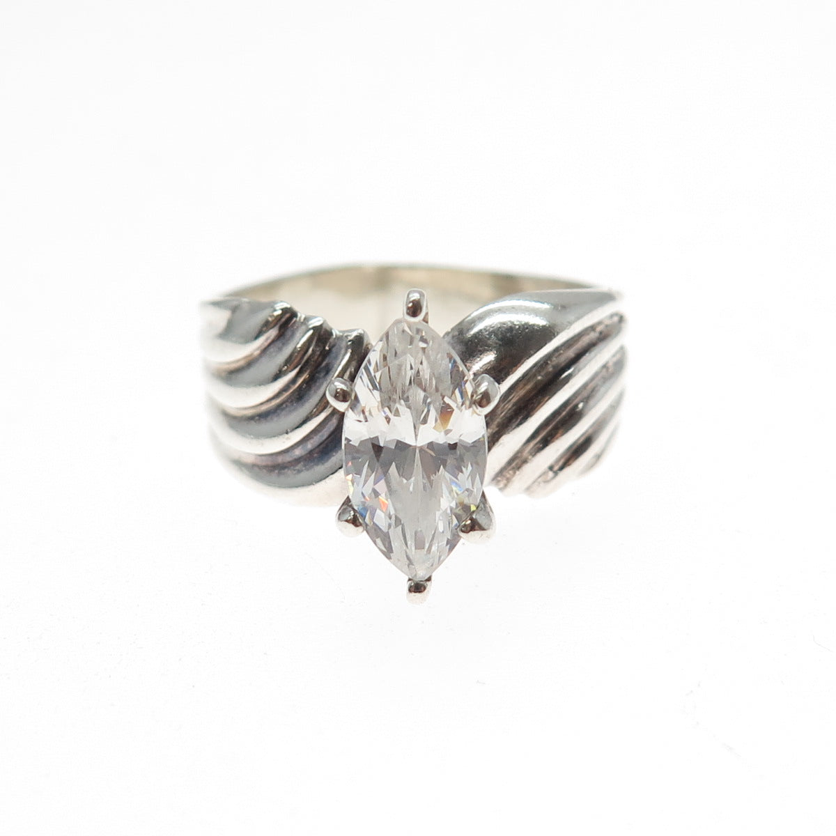 925 Sterling Silver Vintage Marquise-Cut C Z Modernist Oxidized Ring Size 10