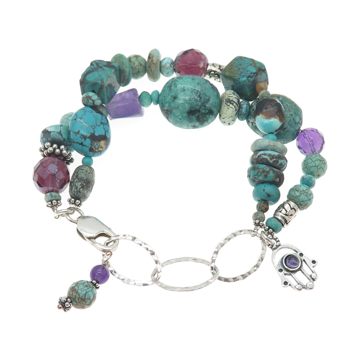 925 Sterling Vintage Turquoise Amethyst & Crystal Beaded Hamsa Bracelet 7-8.25"