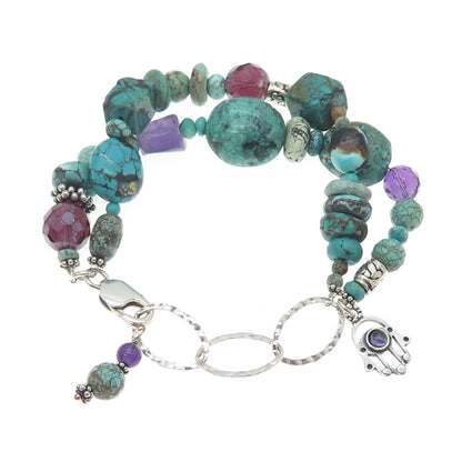925 Sterling Vintage Turquoise Amethyst & Crystal Beaded Hamsa Bracelet 7-8.25"