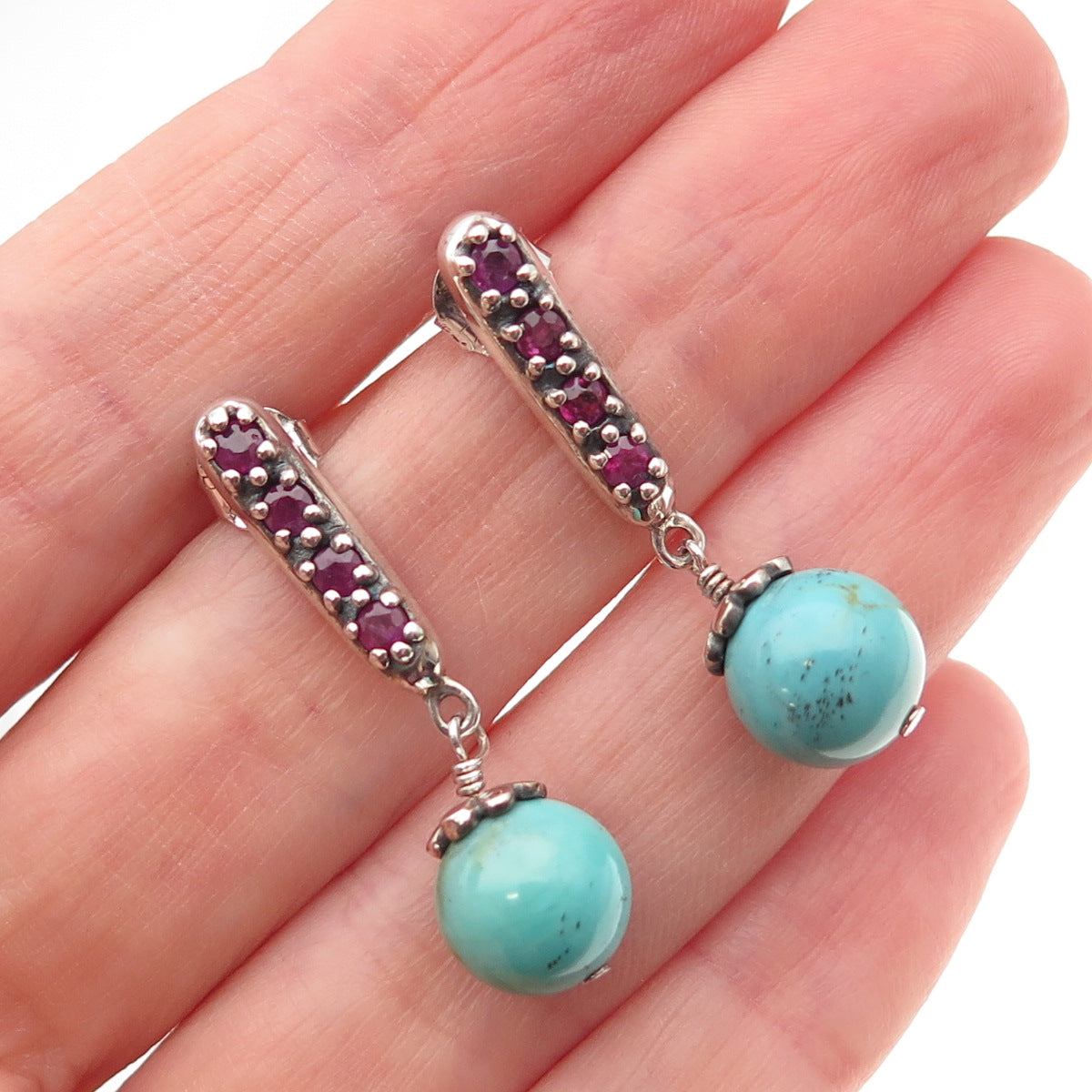 SX Sally C 925 Sterling Silver Vintage Real Ruby & Turquoise Dangle Earrings