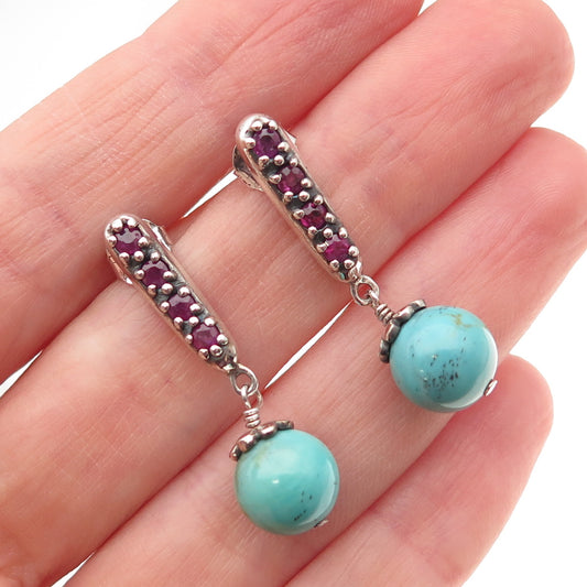SX Sally C 925 Sterling Silver Vintage Real Ruby & Turquoise Dangle Earrings
