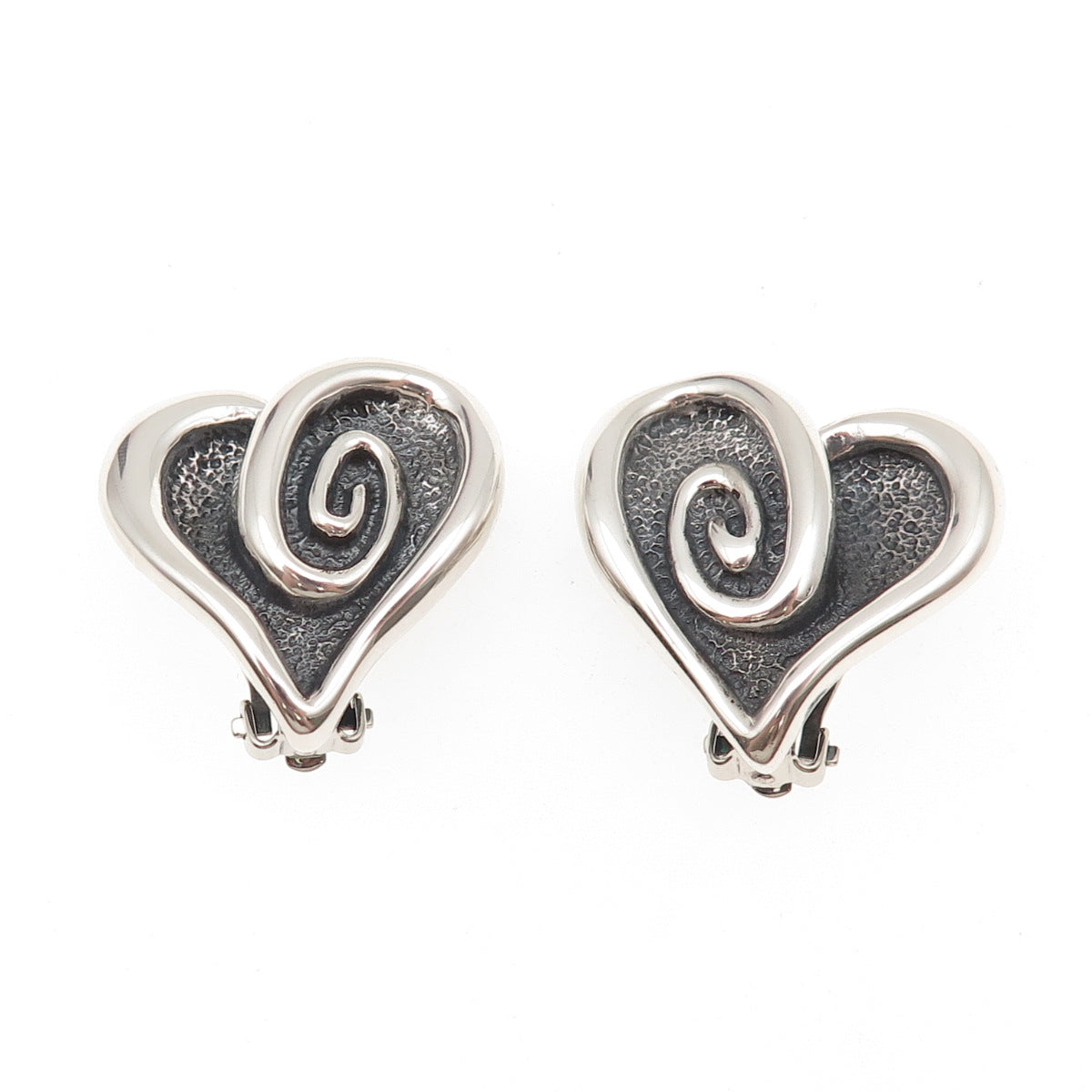 925 Sterling Silver Vintage Mexico Modernist Heart Oxidized Clip On Earrings