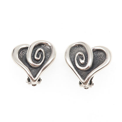 925 Sterling Silver Vintage Mexico Modernist Heart Oxidized Clip On Earrings