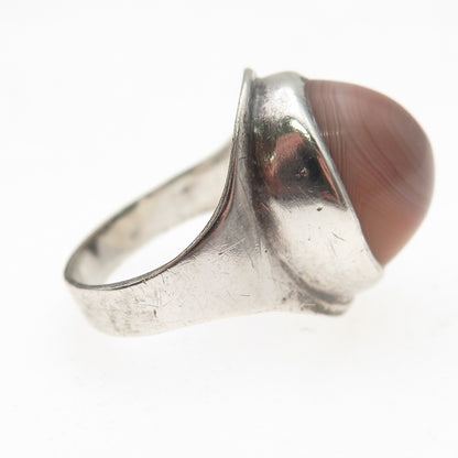 925 Sterling Silver Vintage Real Agate Modernist Oxidized Ring Size 7