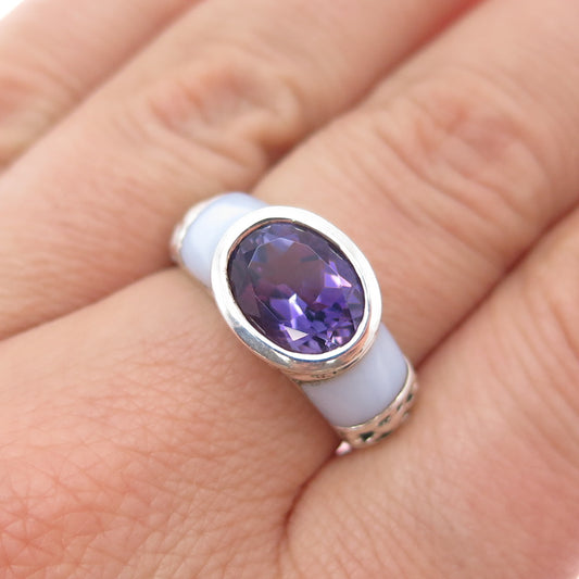 MICHELLE ALBALA Sterling Silver Vintage Real Amethyst Lace Agate Ring Size 7.25