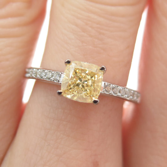 DSMK 925 Sterling Silver Cushion & Round-Cut Canary White C Z Ring Size 6.25