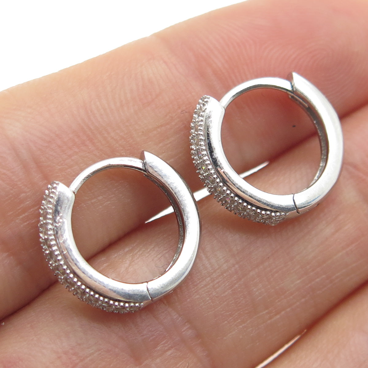 925 Sterling Silver Round-Cut C Z Hoop Earrings