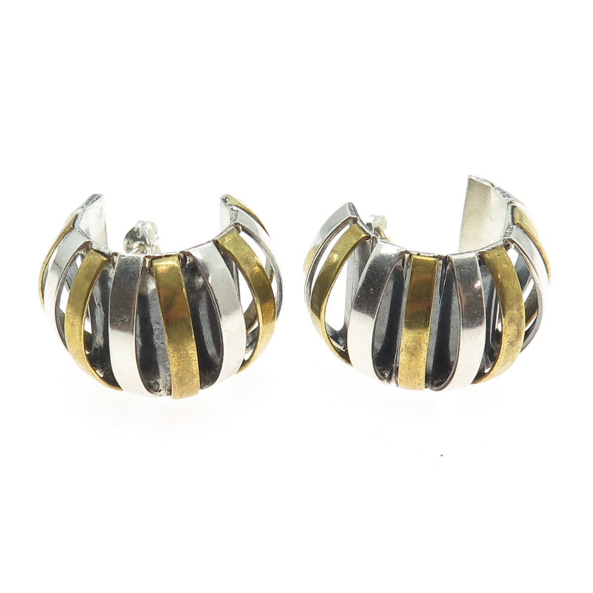 LATON 925 Sterling Silver 2-Tone Vintage Mexico Modernist Earrings