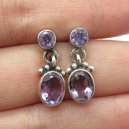 925 Sterling Silver Vintage Real Amethyst Gemstone Beaded Dangle Earrings