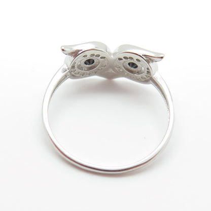 925 Sterling Silver Round-Cut Black & White C Z Owl Bird Ring Size 6