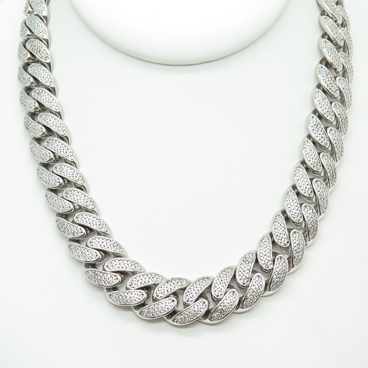 925 Sterling Silver Pave C Z Curb Chain Necklace 16"