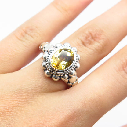 925 Sterling Silver Vintage Real Citrine Gem Beaded Oval Ring Size 6