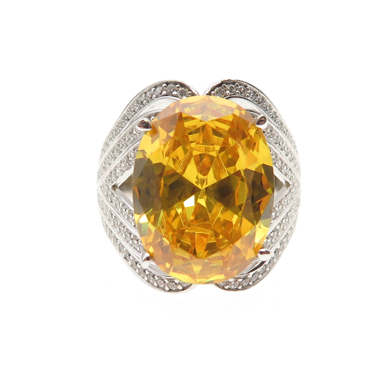 925 Sterling Silver Oval-Cut Canary & Round-Cut White C Z Ring Size 7