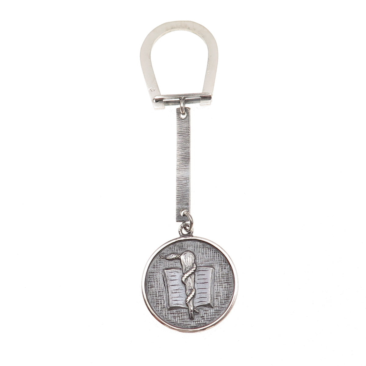800 Silver Antique Art Deco Rod of Asclepius Symbol Oxidized Key Fob Holder
