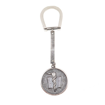 800 Silver Antique Art Deco Rod of Asclepius Symbol Oxidized Key Fob Holder