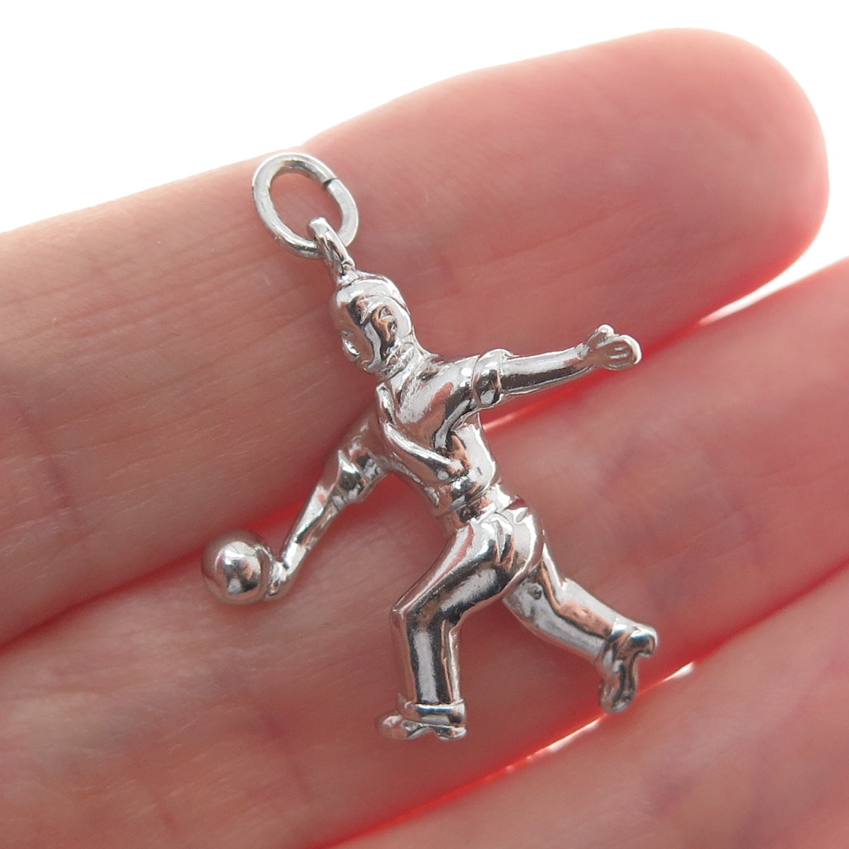 WELLS 925 Sterling Silver Vintage Bowling Man Minimalist 3D Charm Pendant
