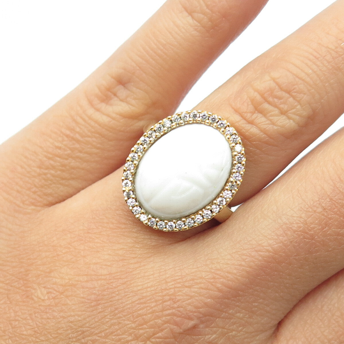 925 Sterling Silver Gold Plated Pave C Z & White Ceramic Ring Size 7.25