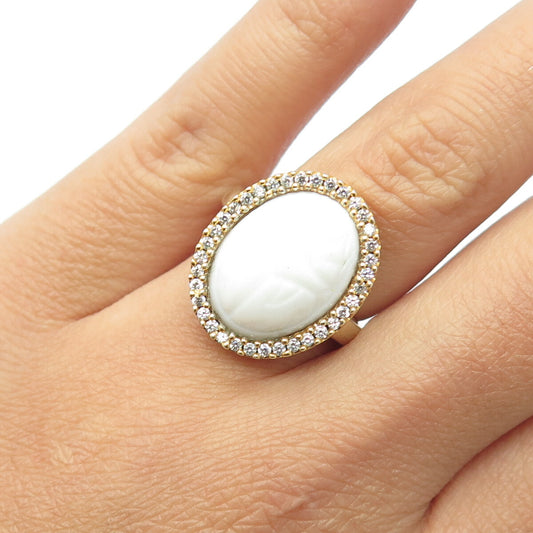 925 Sterling Silver Gold Plated Pave C Z & White Ceramic Ring Size 7.25
