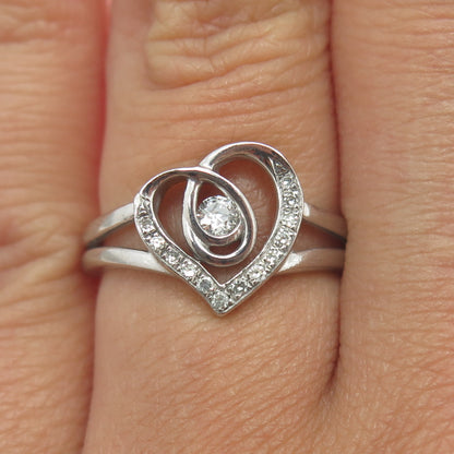 925 Sterling Silver Real Round-Cut Diamond Open Heart Love Ring Size 6.75