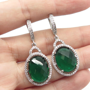 925 Sterling Silver White & Green C Z Dangling Earrings