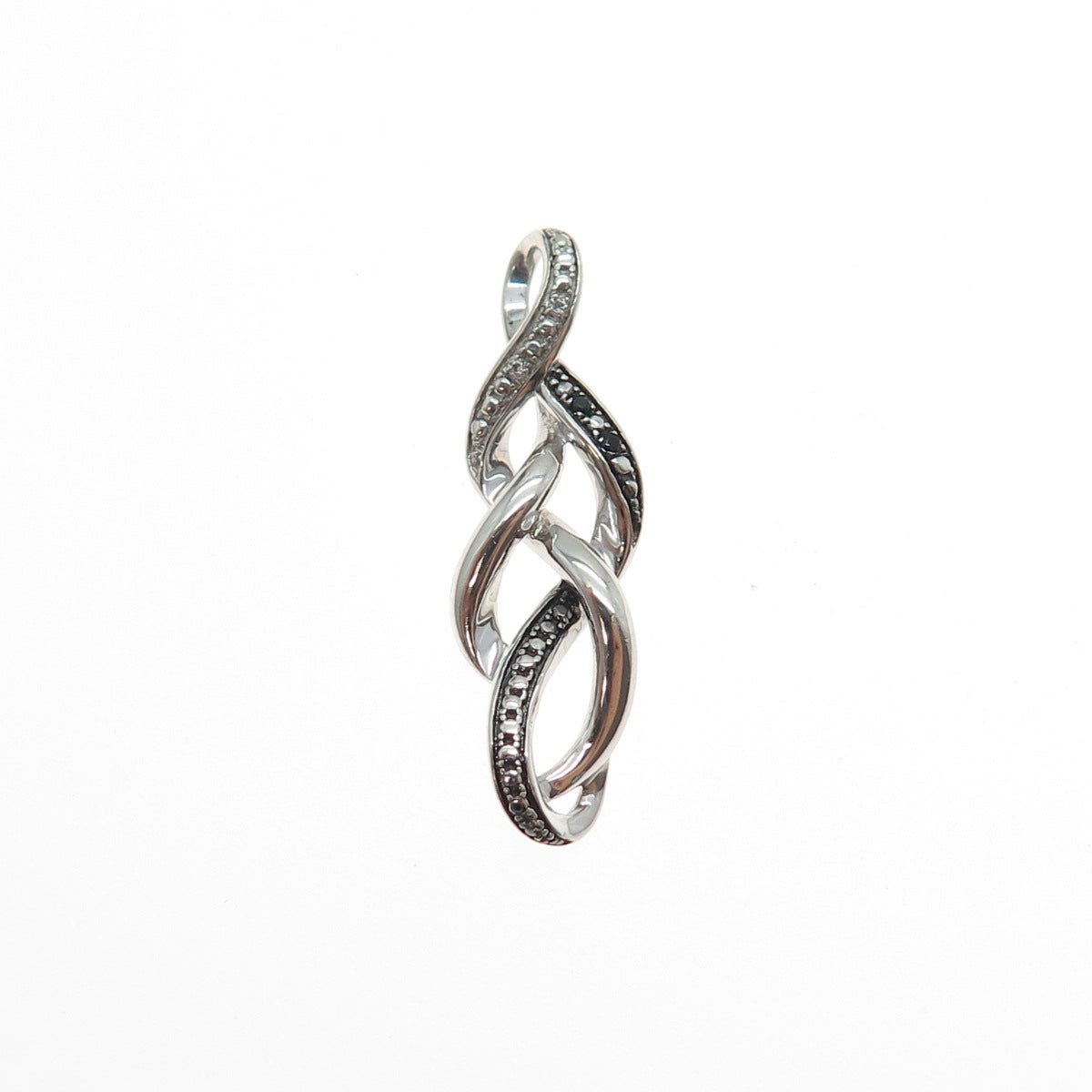 SAI Sterling Silver Real Round-Cut Black & White Diamond Twisted Charm Pendant