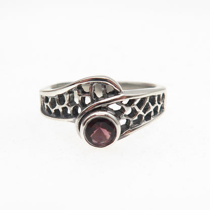 925 Sterling Silver Vintage Real Garnet Modernist Oxidized Ring Size 7