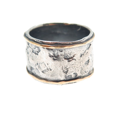 925 Sterling Silver & 14K Gold Vintage Modernist Oxidized Band Ring Size 9.75