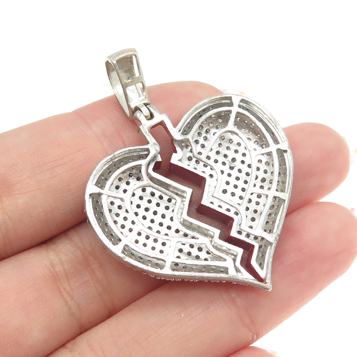 925 Sterling Silver Round-Cut White C Z & Red Enamel Broken Heart Pendant