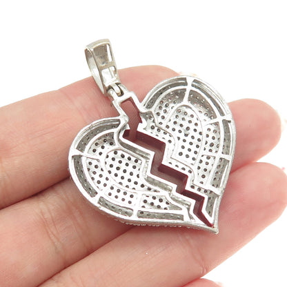 925 Sterling Silver Round-Cut White C Z & Red Enamel Broken Heart Pendant