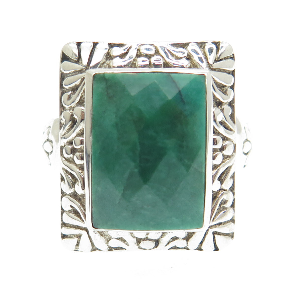 925 Sterling Silver Real Checkered Emerald Gemstone Ornate Frame Ring Size 8